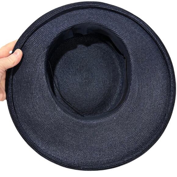 Vintage boater style ladies hat navy blue & faded red flower on velvet hatband main image 7